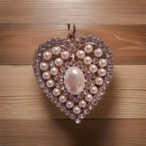 Vintage 2" Heart Pendant Necklace Gold Tone Faux Pearl Pink Lucite 18" Chain